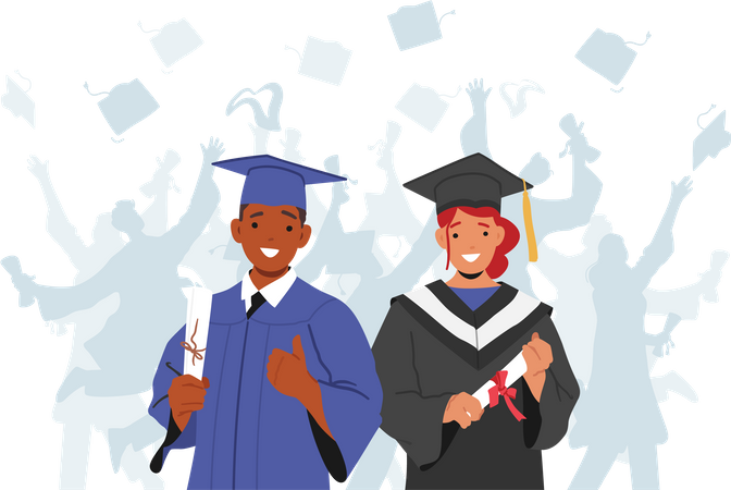 Fille et garçon heureux diplômés dans leurs robes et casquettes de remise des diplômes  Illustration