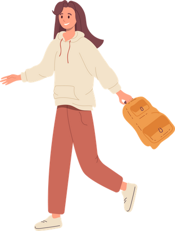Bonne étudiante en vêtements décontractés avec sac à dos marchant jusqu'à la classe d'étude  Illustration