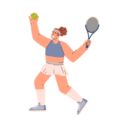 Heureuse jeune femme lançant une balle de tennis avec une raquette  Illustration