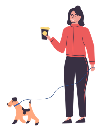 Heureuse jeune femme marchant avec un chien et buvant du café  Illustration