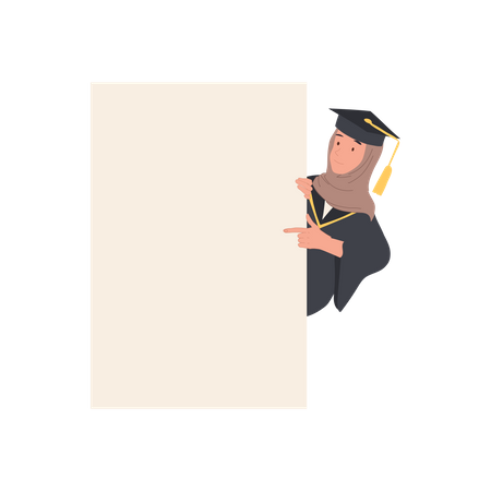 Heureuse jeune femme musulmane diplômée avec panneau de signalisation  Illustration