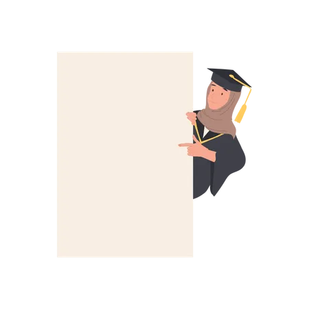 Heureuse jeune femme musulmane diplômée avec panneau de signalisation  Illustration