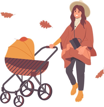 Heureuse jeune mère promenant son nouveau-né dans la rue d'automne  Illustration