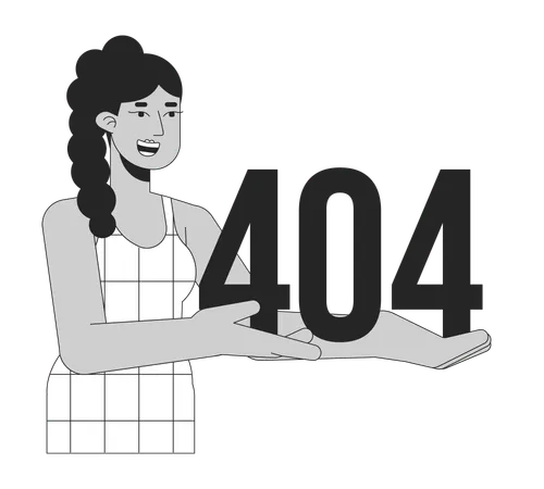 Heureuse femme latina tenant un message flash d'erreur 404  Illustration