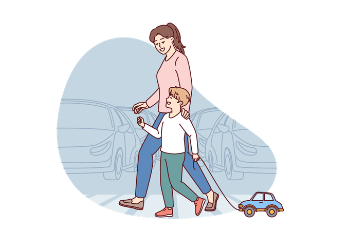 Heureuse maman et son enfant empruntant un passage pour piétons sur une route traversant la ville d'été  Illustration