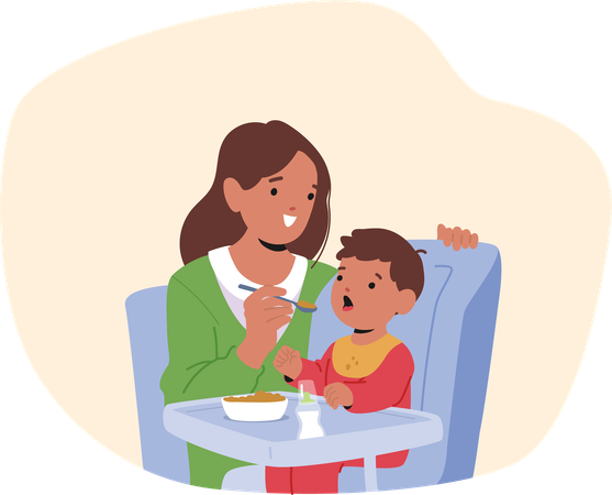 Heureuse mère nourrissant son petit fils en lui donnant du porridge à la cuillère  Illustration
