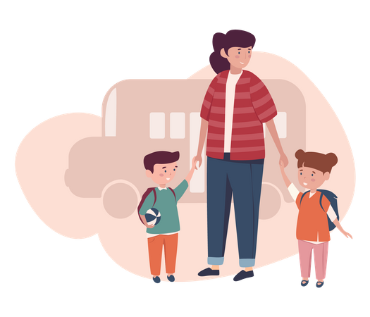 Heureuse mère tenant la main des enfants et allant en classe ensemble  Illustration