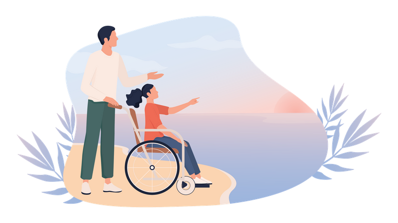 Heureuse petite fille en fauteuil roulant avec son père sur une plage  Illustration