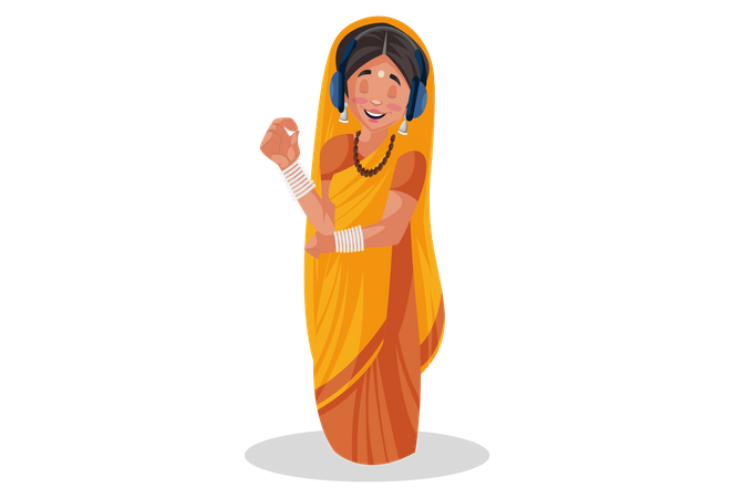 Heureuse prêtresse indienne écoutant de la musique avec des écouteurs  Illustration