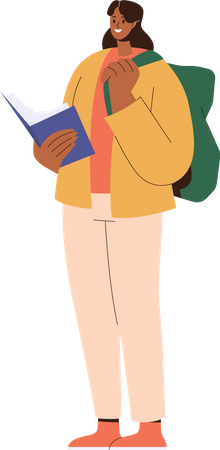 Heureuse étudiante souriante lisant un livre en position debout avec un sac  Illustration