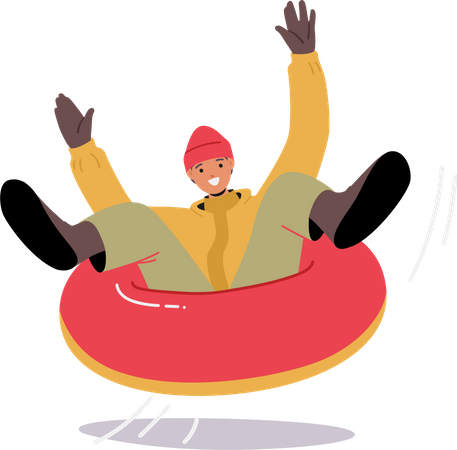 Heureux adolescent glissant vers le bas de la pente sur des tubes à neige  Illustration