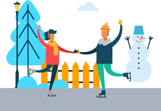 Heureux couple dansant sur des patins à l’extérieur en hiver  Illustration