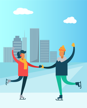 Heureux couple dansant sur des patins homme et femme ville  Illustration
