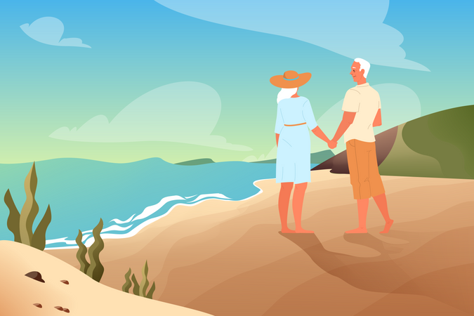 Heureux couple de personnes âgées sur la plage  Illustration
