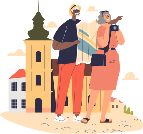 Un couple de personnes âgées heureux voyage en vacances en Europe  Illustration