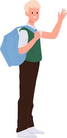 Heureux écolier portant un uniforme tenant un sac à dos en agitant la main  Illustration