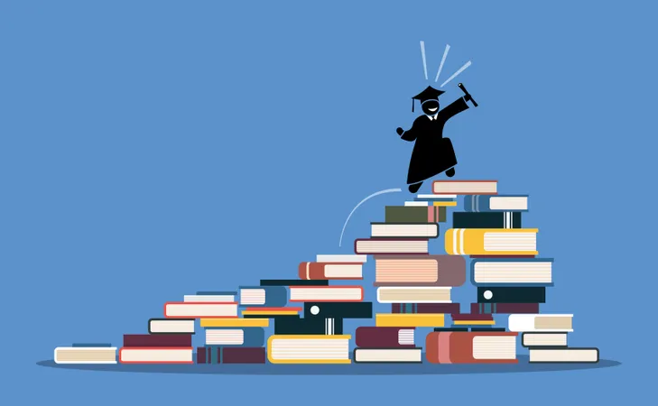 Heureux étudiant diplômé grimpant au sommet des piles de livres  Illustration