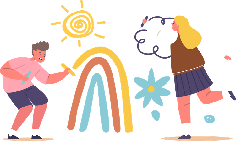 Heureux garçon et fille dessin soleil  Illustration