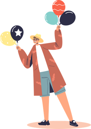 Heureux garçon tenant un tas de ballon à air  Illustration