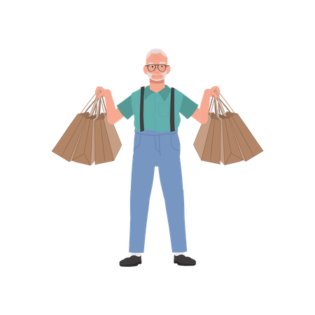 Heureux grand-père tenant des sacs à provisions  Illustration