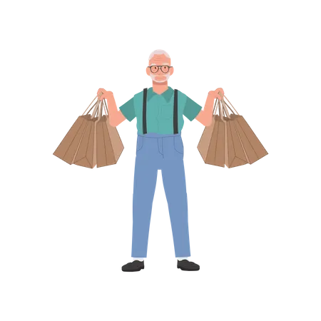 Heureux grand-père tenant des sacs à provisions  Illustration