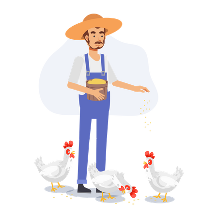 Un agriculteur heureux nourrit du poulet  Illustration