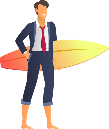 Heureux homme d'affaires en costume avec planche de surf scintillante  Illustration