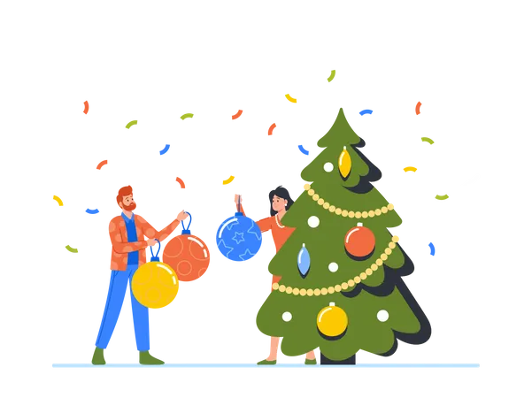 Heureux homme et femme décorant un arbre de Noël mettent des boules sur une branche  Illustration