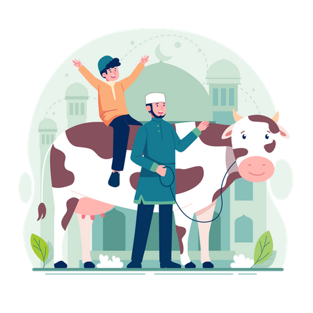 Heureux homme musulman avec vache  Illustration