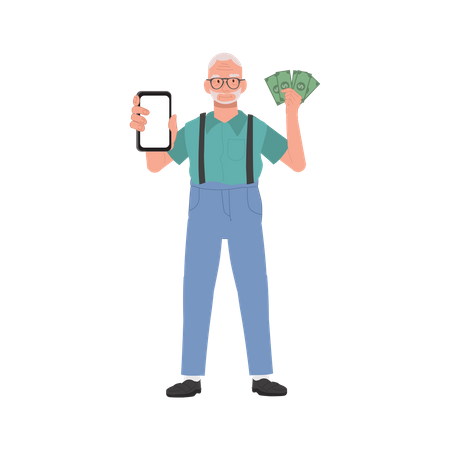 Heureux homme senior utilisant un smartphone pour les transactions financières  Illustration