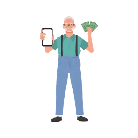 Heureux homme senior utilisant un smartphone pour les transactions financières  Illustration