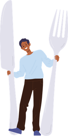 Heureux homme tenant d'énormes ustensiles de cuisine couteau et fourchette pour servir la table  Illustration
