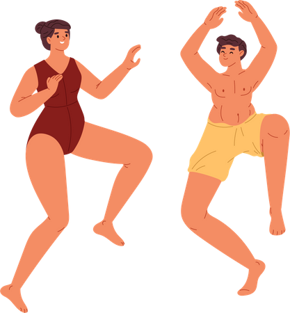 Heureux jeune couple en maillot de bain dansant sur une fête sur la plage  Illustration