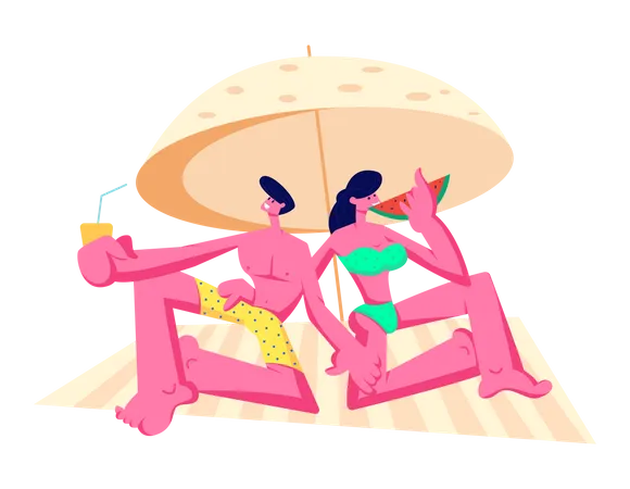 Heureux jeune couple relaxant sur la plage  Illustration