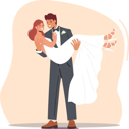 Heureux jeune marié porter la mariée sur les mains à l'autel pendant la cérémonie de mariage  Illustration