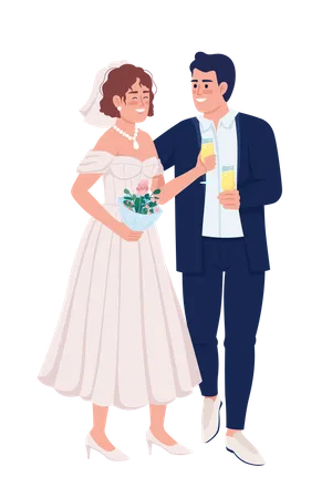 Heureux jeunes mariés buvant du vin mousseux  Illustration