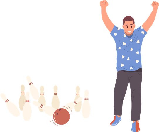 Heureux quilleur masculin frappant une grève de bowling écrasant des quilles de quilles  Illustration