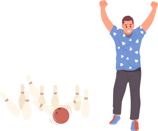 Heureux quilleur masculin frappant une grève de bowling écrasant des quilles de quilles  Illustration