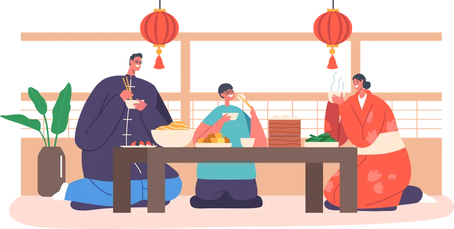Heureux parents asiatiques et enfants en train de dîner à la maison  Illustration