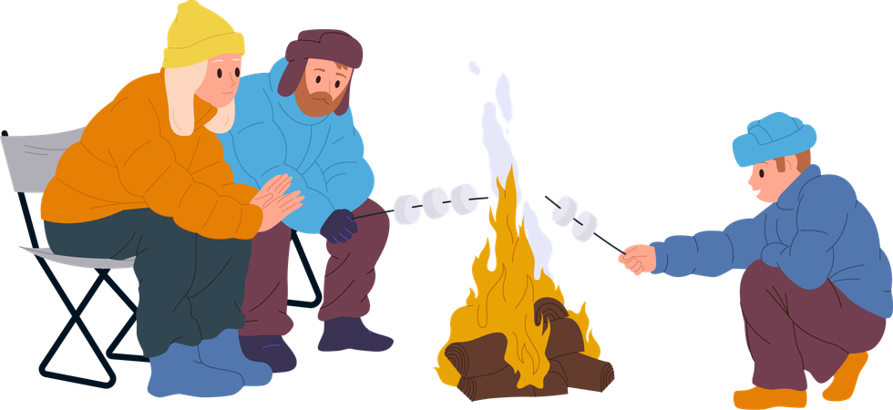 Heureux parents et fils faisant frire des guimauves sur un feu de camp  Illustration