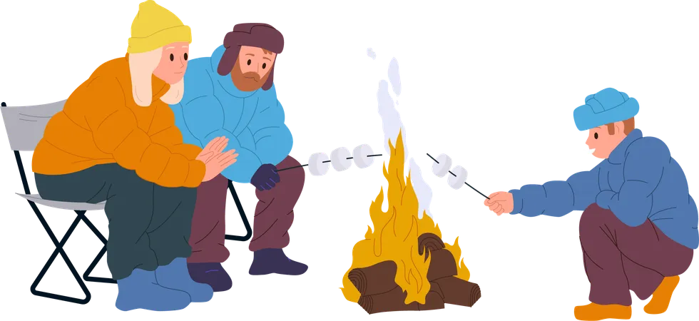 Heureux parents et fils faisant frire des guimauves sur un feu de camp  Illustration