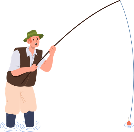 Heureux pêcheur debout jusqu'aux genoux dans l'eau attrapant des poissons regardant le flotteur de tige en attente de morsure  Illustration