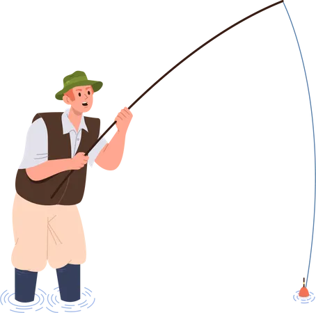 Heureux pêcheur debout jusqu'aux genoux dans l'eau attrapant des poissons regardant le flotteur de tige en attente de morsure  Illustration