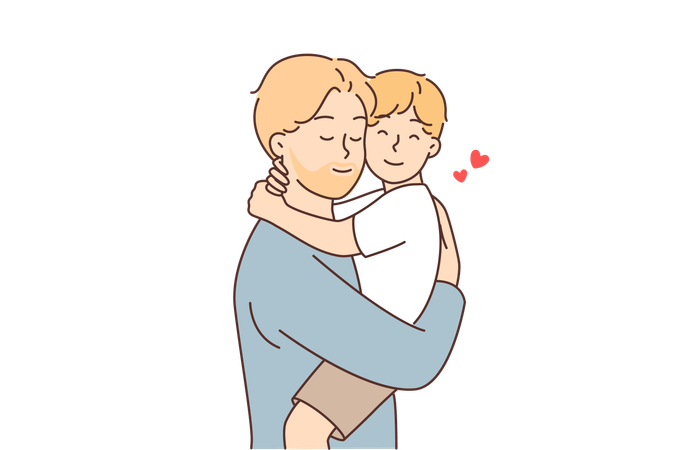 Un père heureux tient et embrasse son petit fils  Illustration