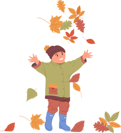 Joyeux petit enfant se réjouissant de l'automne en jetant les feuilles mortes dans l'air  Illustration