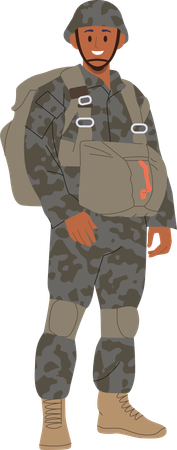 Heureux souriant soldat militaire courageux fantassin portant un uniforme de camouflage  Illustration