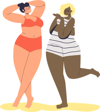 Heureux personnages de dessins animés féminins de taille plus en lingerie. Concept de mouvement positif du corps  Illustration