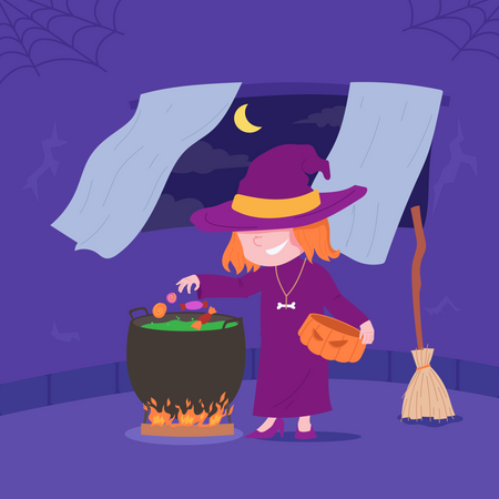 Hexe macht Zaubertrank in der Halloween-Nacht  Illustration