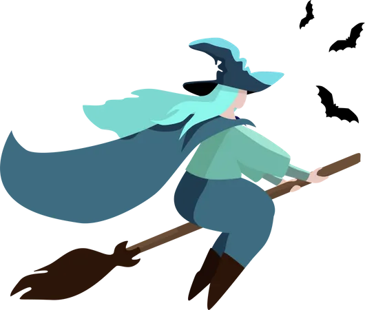 Hexe mit Hut auf dem Besen mit fliegenden Fledermäusen i  Illustration