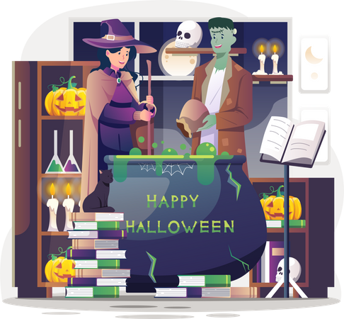 Hexe und Frankenstein brauen einen grünen Zaubertrank  Illustration